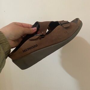 MEPHISTO BROWN DOUBLE STRAP NUBUCK LEATHER CORK TERIE WEDGE SLIP ON SANDALS